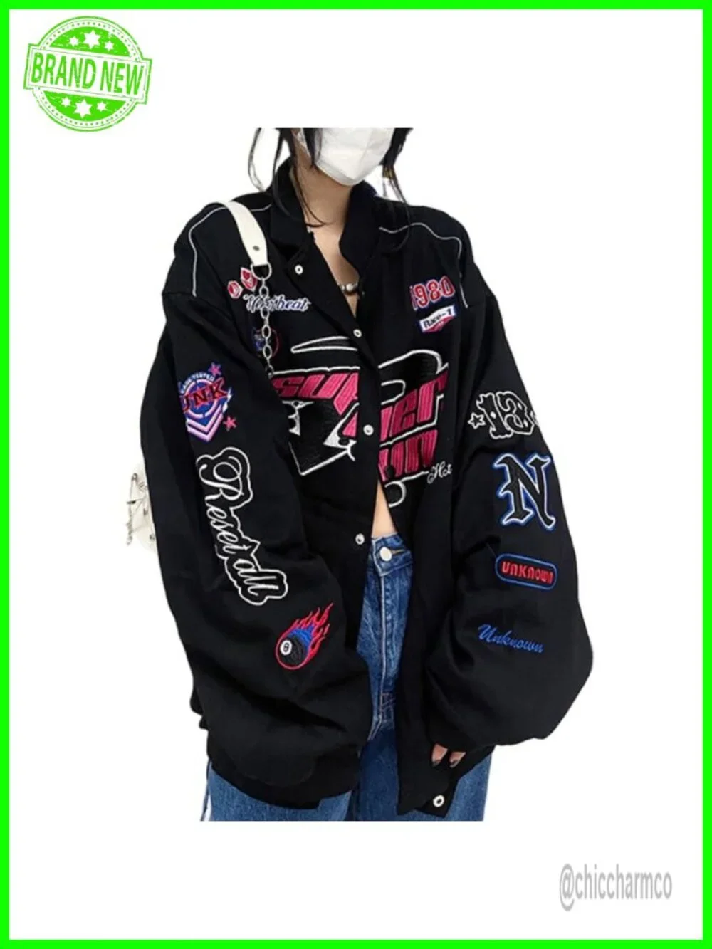 Women Button Varsity Jacket Harajuku Vintage College Baseball Bomber Coat Y2K