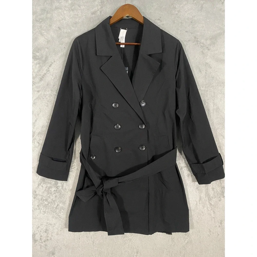 WynneLayers Black Pleated Back Double Breasted Trench Coat Jacket Sz‎ M Formal