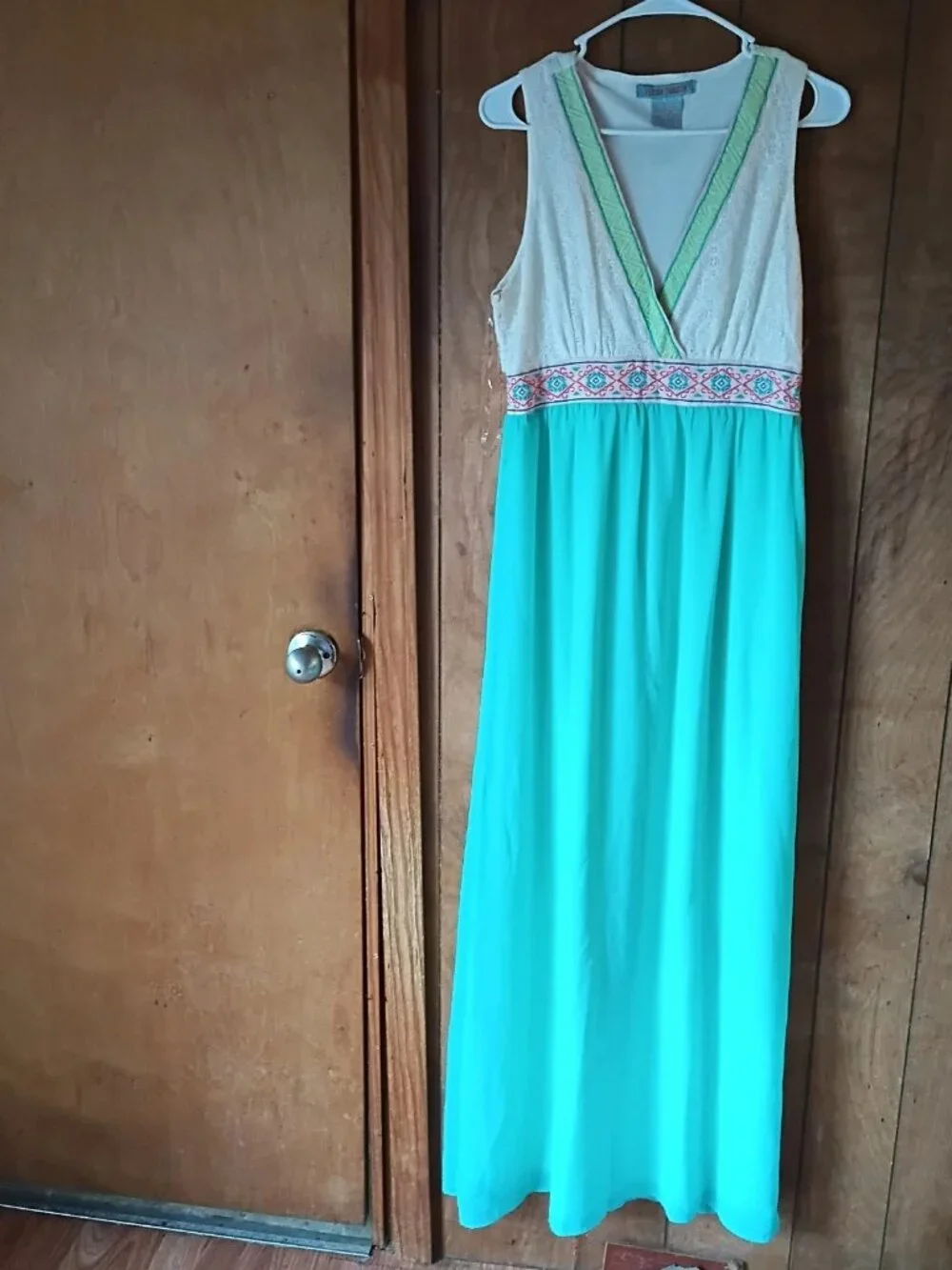Flying Tomato White & Aqua Maxi Dress with Embroidered Waist