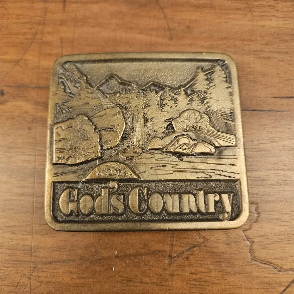 Vintage 1976 Adezy‎ God's Country Belt Buckle Brass Plated Mountains Waterfall