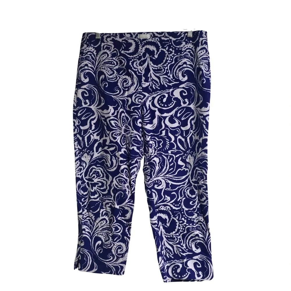 Chico's Blue White‎ Scroll Paisley Crop Pants Size 1.5 M Pull On  Side Zip