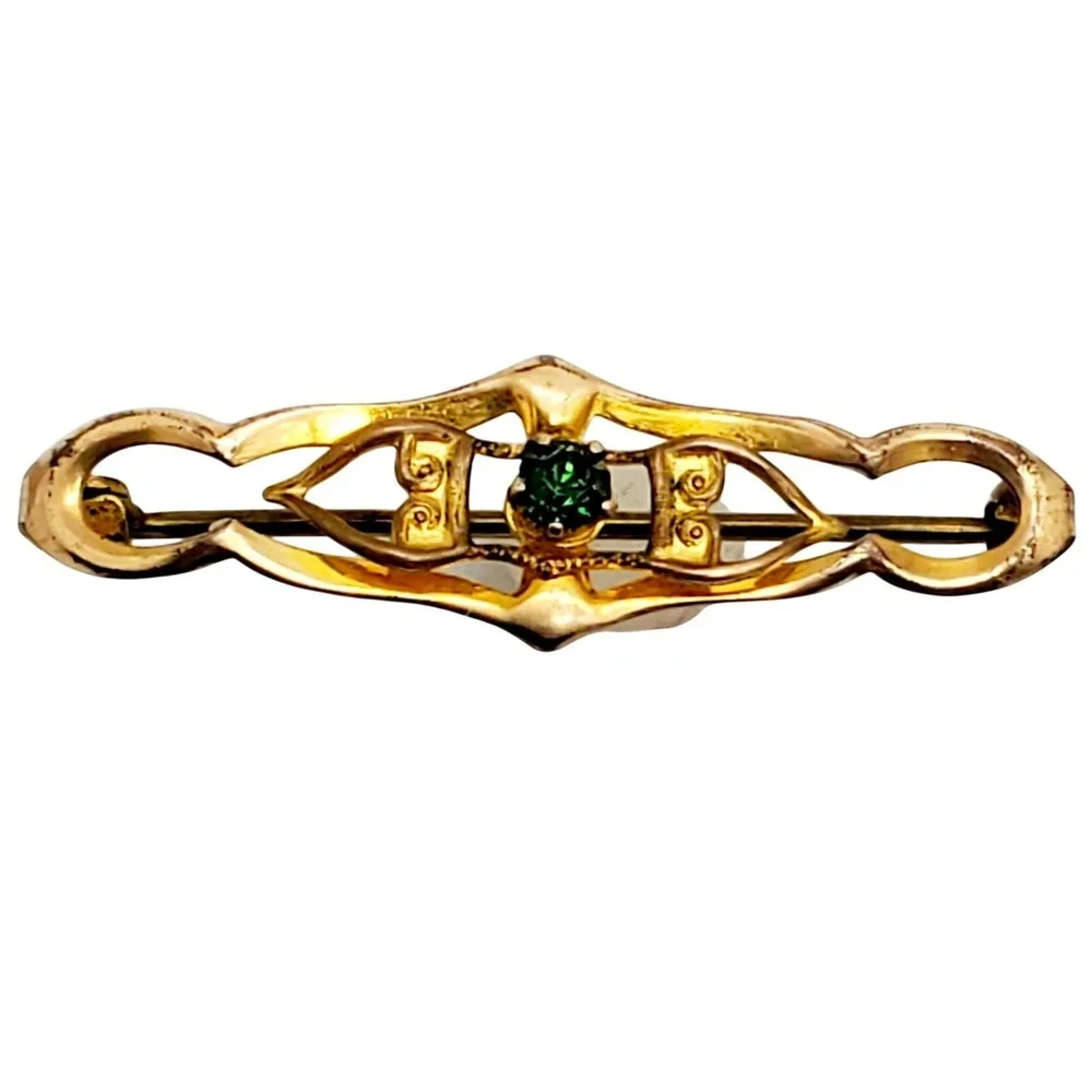 Antique Bar Pin Gold Tone Green Rhinestone Filigree Brooch Victorian Revival Vtg