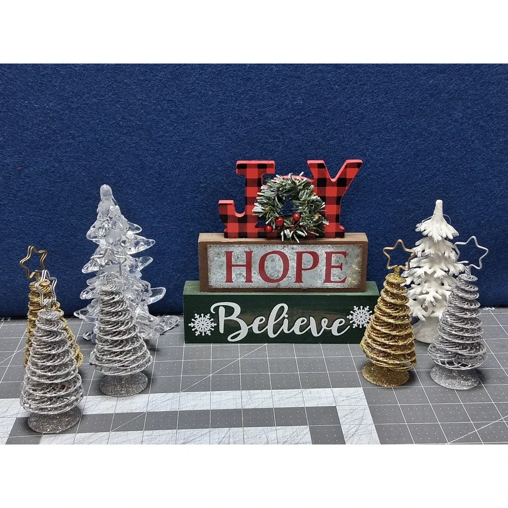 Christmas Decor Bundle Joy Hope Believe Sign Glitter Wire and Acrylic Trees