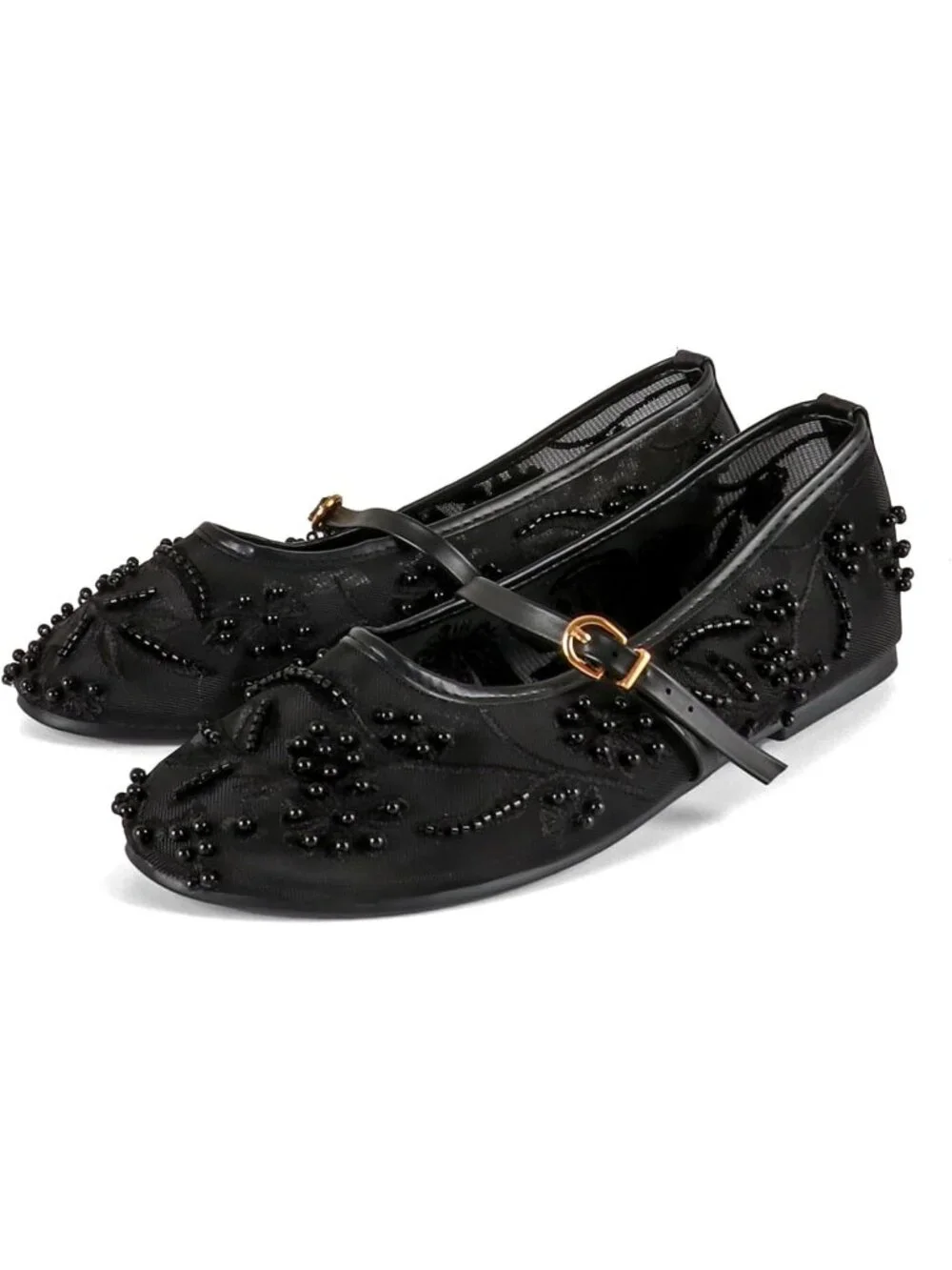 Women's Black Floral Mesh Ballet Flats Strap Round Toe Slip On Dressy Shoes