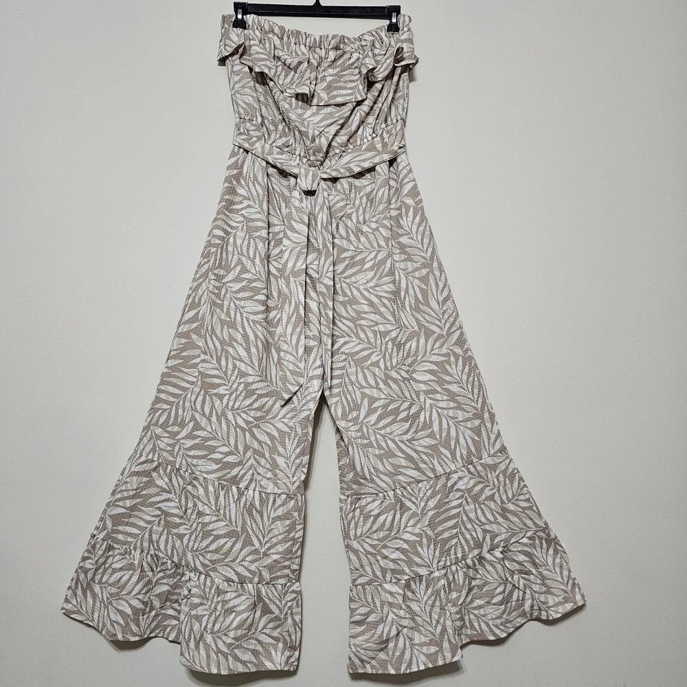 Womens Jumpsuit Size XL Brown Belted Ruffle Tube Top Wide Leg Sleeveless New 276