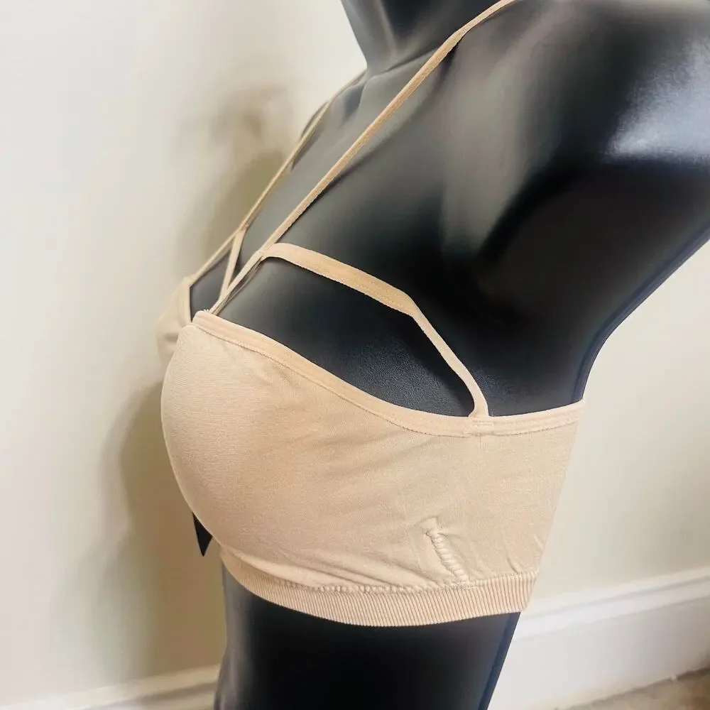 Youmita Seamless Bralette Criss-Cross Front, Free Size Fits S - L, Beige, PADDED
