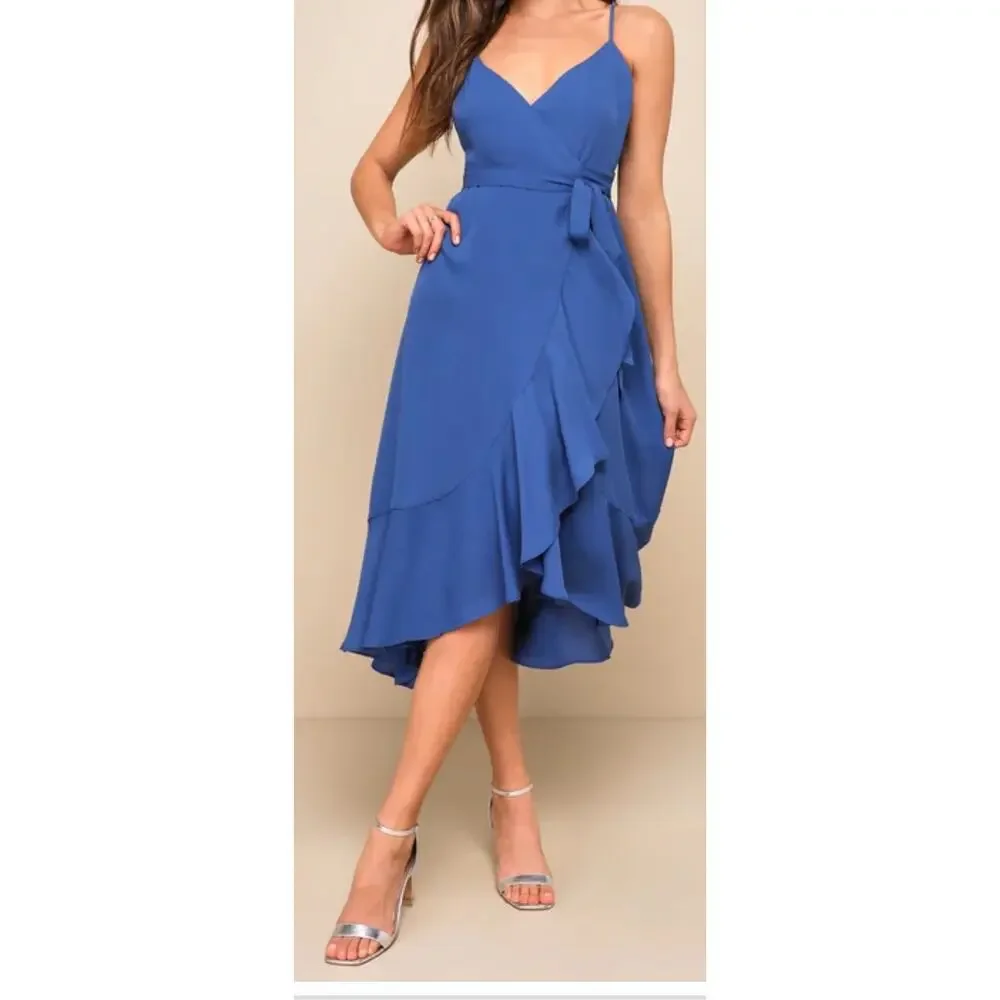 Lulus Manhattan Moment Blue Ruffled Midi Wrap Dress‎ Womens Size Small