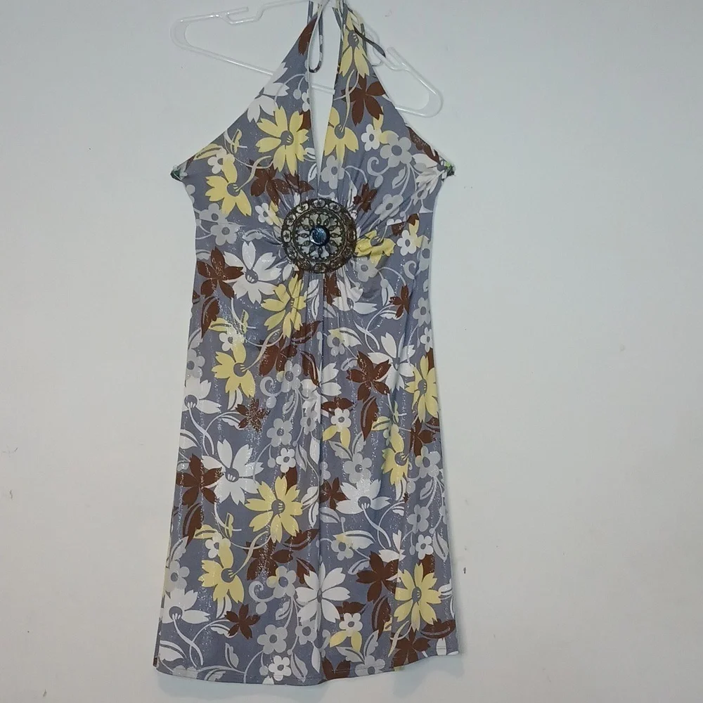 Co-Me Como Blue Multicolor Floral Halter‎ Neck Sleeveless Dress | Size: Large