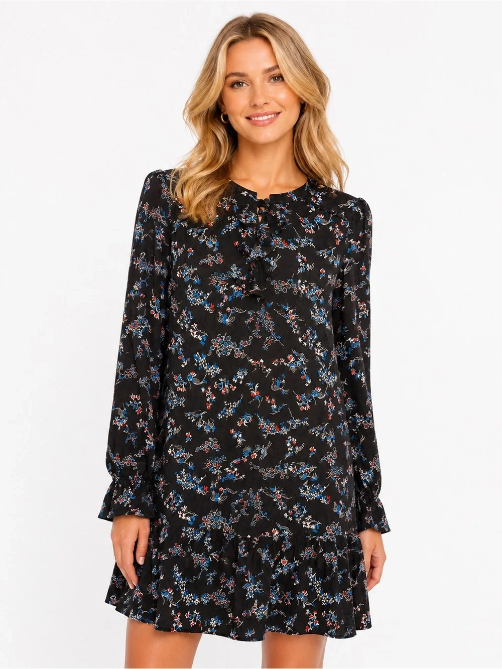 NWOT Veronica Beard Preston Silk Size 6 Black‎ Floral Ruffle Long-Sleeve Dress
