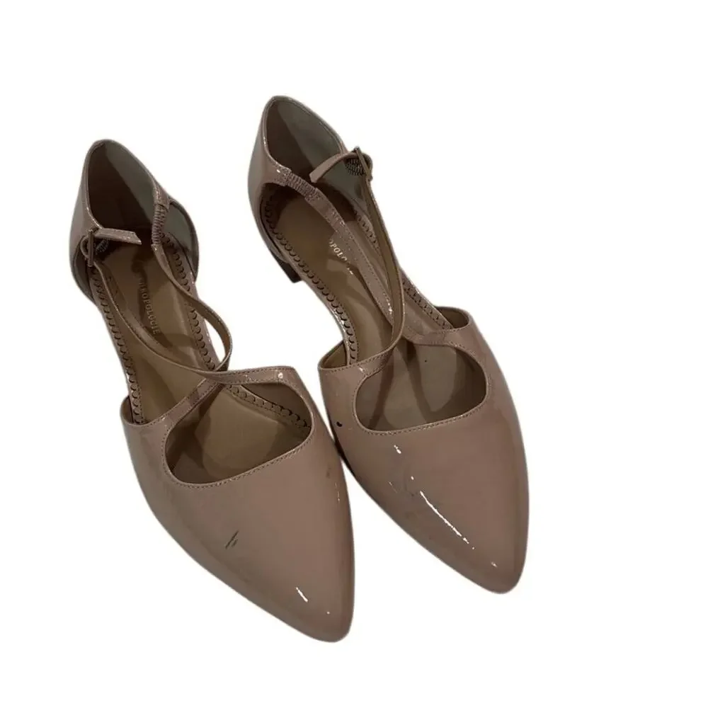 Anthropologie Women 9.5 Leather Cross Strap Flat Shoes Nude Neutral Pink Pointed
