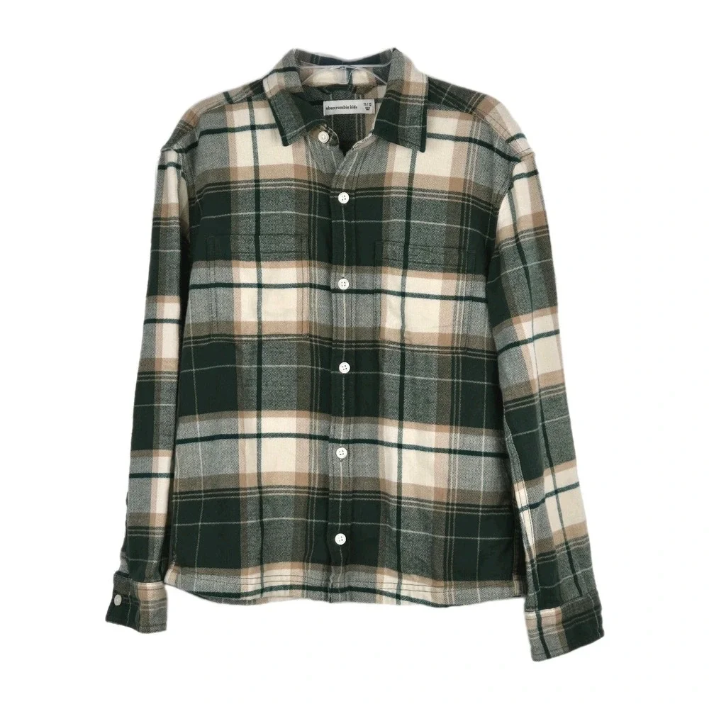 Abercrombie Kids Boys Brushed Cotton Plaid Flannel‎ Shirt Size 11-12 Green