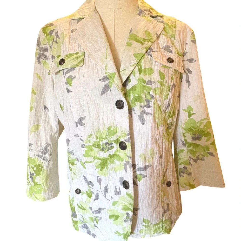 Coldwater Creek Womens P12 White Green Floral Crinkle 3/4 Sleeve‎ Blazer Jacket