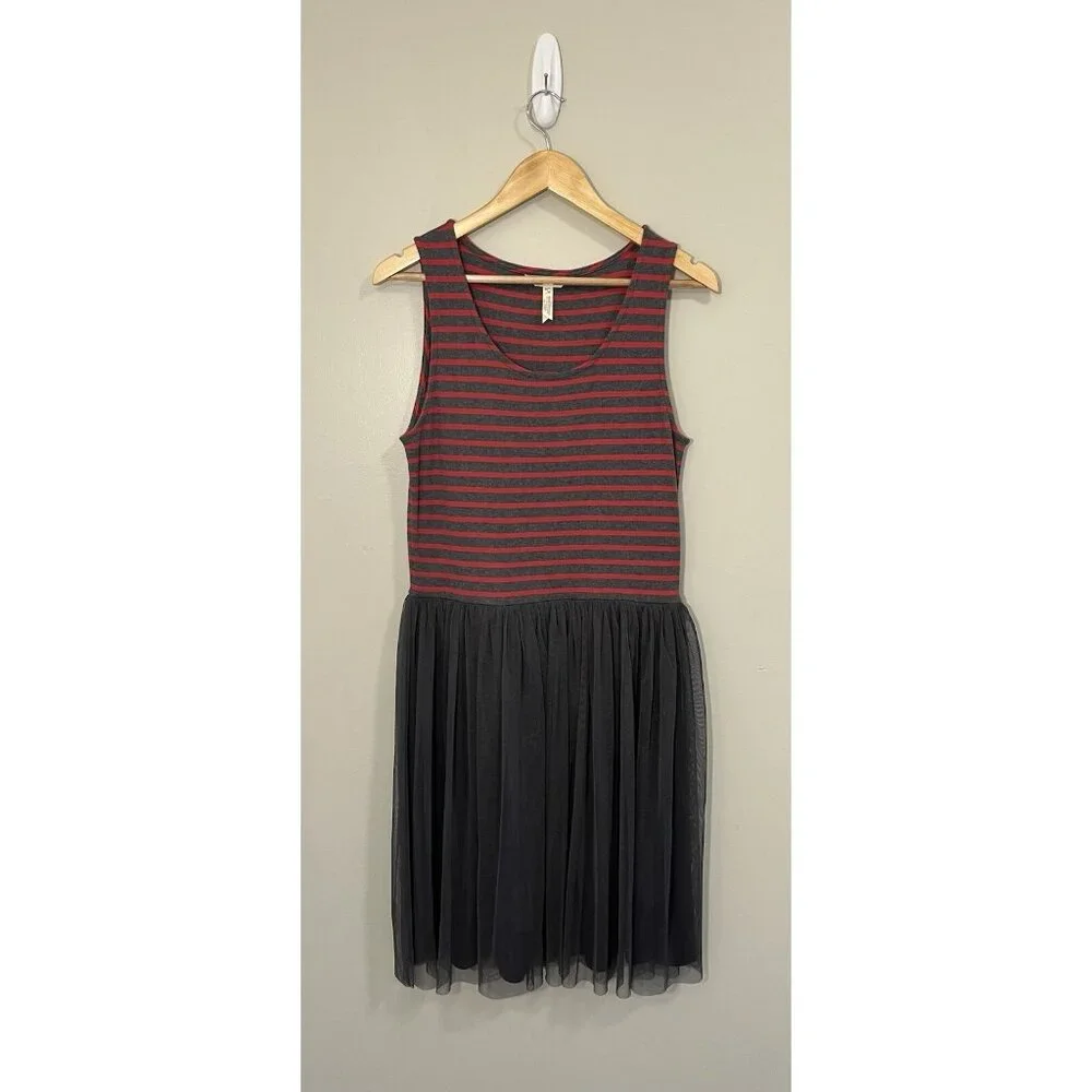 Matilda Jane Womens Dress Size L Striped Tulle‎ Sleeveless Red Gray