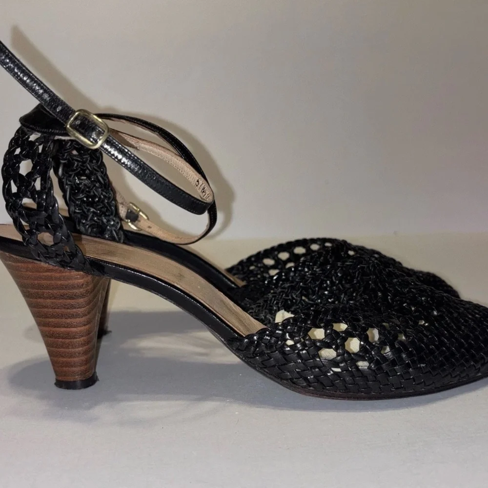First Lady Bootery Women’s Ankle Strap‎ Leather Woven Pumps Black Sz 8.5 B