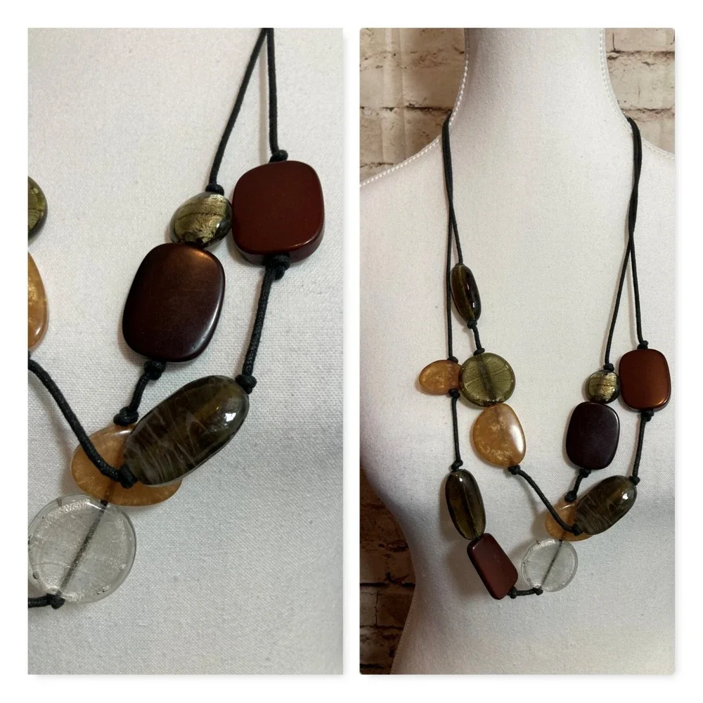 Boho Long Cord Necklace Mixed Resin Beads Artsy Brown Olive Modern Earthy Ethnic