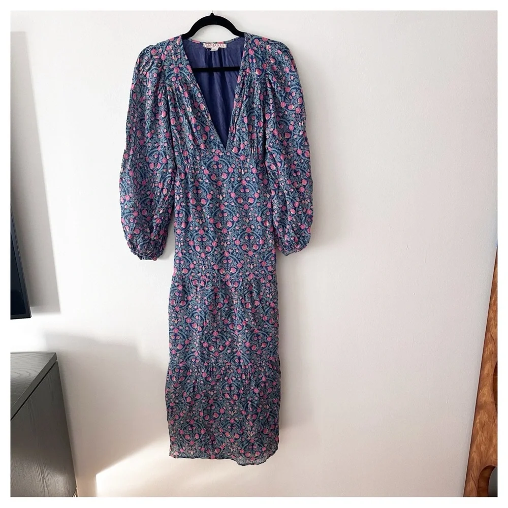 Banjanan Hanna Floral Maxi Dress‎ size XS Cotton Crepe Long sleeve tie back