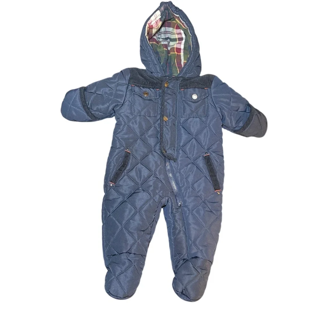 Rothschild Baby‎ Snowsuit Quilted Navy Blue Plaid Lined Hooded 3-6 Months
