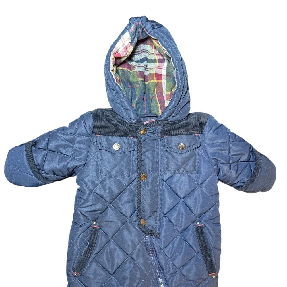 Rothschild Baby‎ Snowsuit Quilted Navy Blue Plaid Lined Hooded 3-6 Months