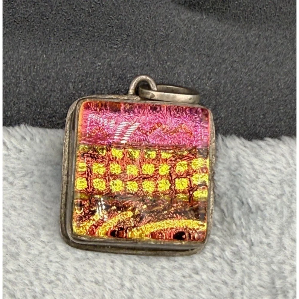 Vintage Dichroic Glass‎ Pendant Pink Yellow Sterling Silver