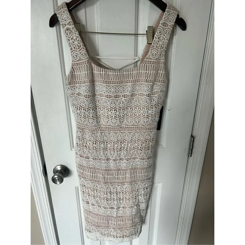 Lulus white and tan dress open back size medium bridesmaid, bachelorette party d