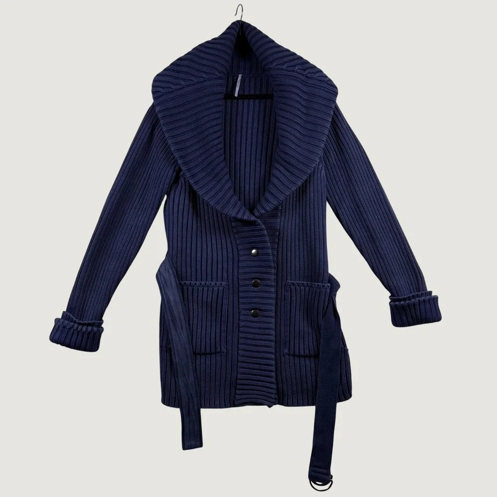 Free People Ryanne Long Haul Chunky Knit Cardigan Blue Ribbed Belt Heavy Boho L