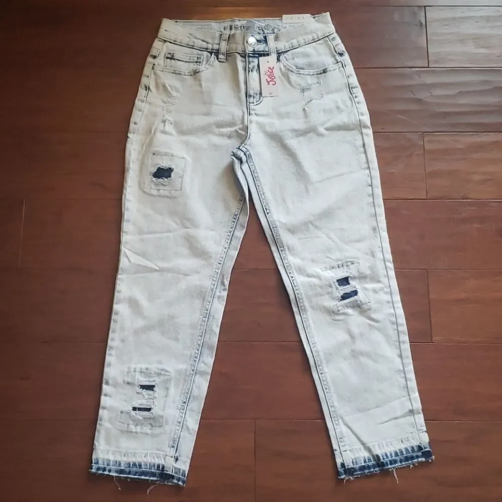 𝅺Justice Girls Demin High Rise Straight Distressed Washed Out Jeans Size 12 NEW