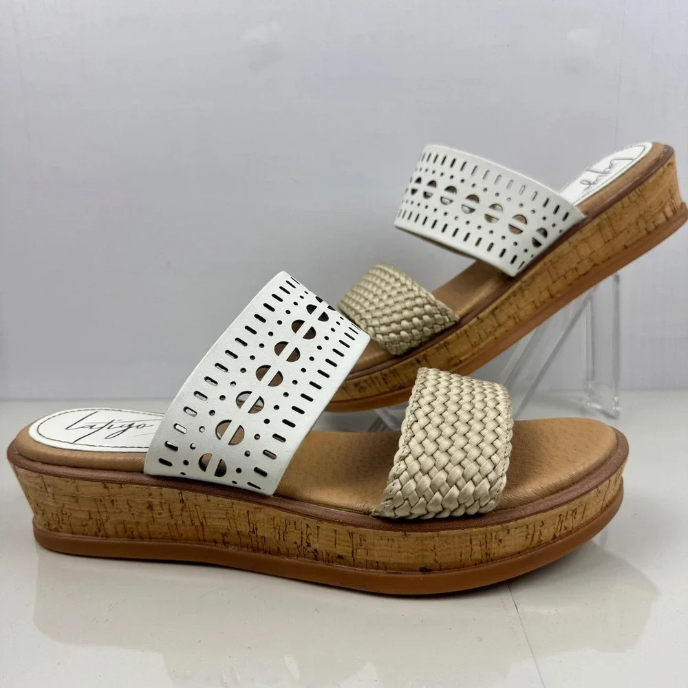Latigo Kate White Wedge Slide Sandals Women Size 8‎ Cork Wedge Laser Cut