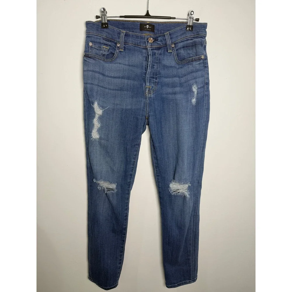 7 For All Mankind Distressed Skinny Jeans Blue Ripped Knee High Rise Size 27‎