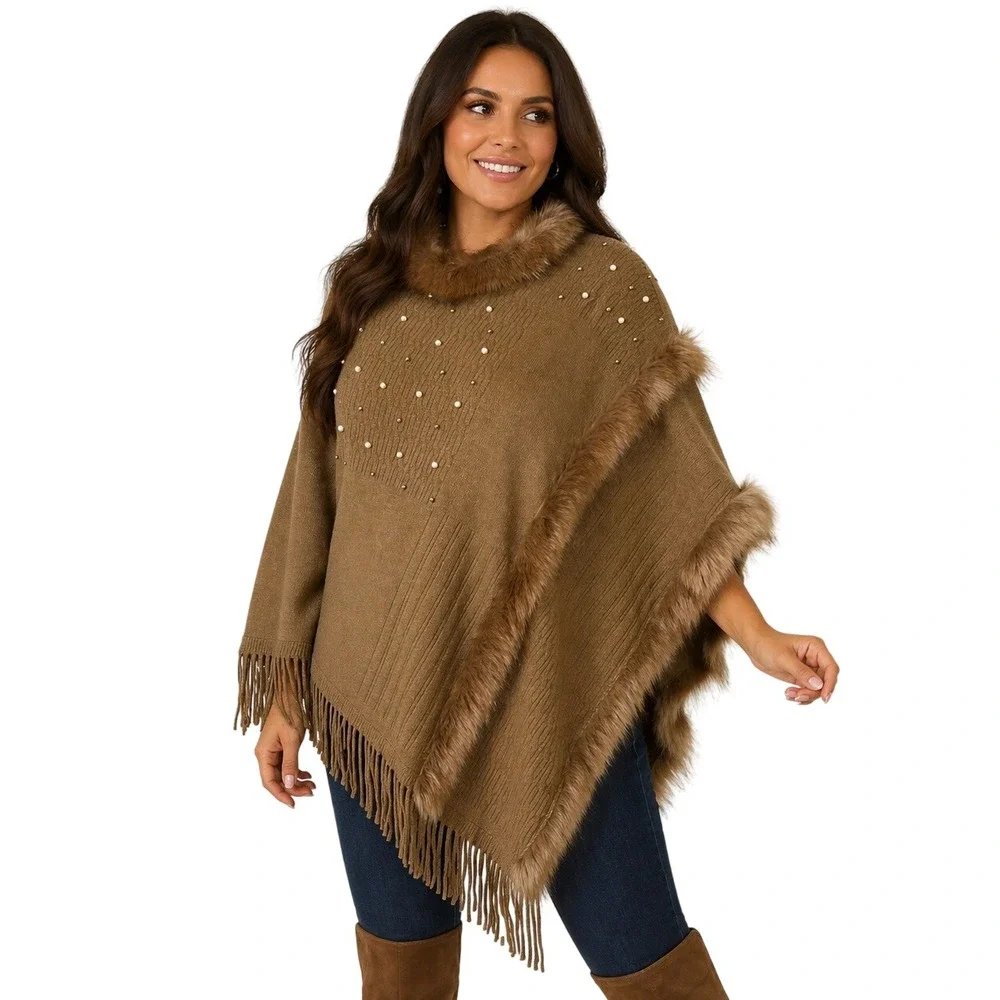*NWT* Northern Angel Plus Poncho‎ Womens 0X/1X Brown Faux Fur Pearl Fringe Cape