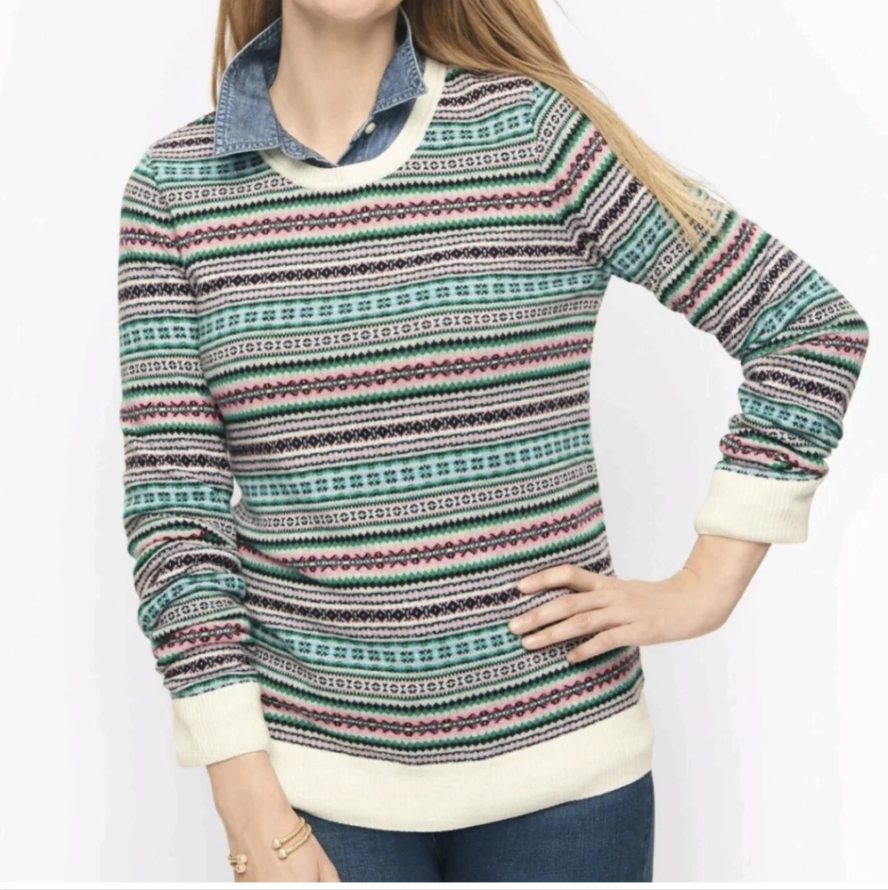 Talbots Womens Sweater Fair Isle Multi-color Striped Lambs Wool Pink Green Large