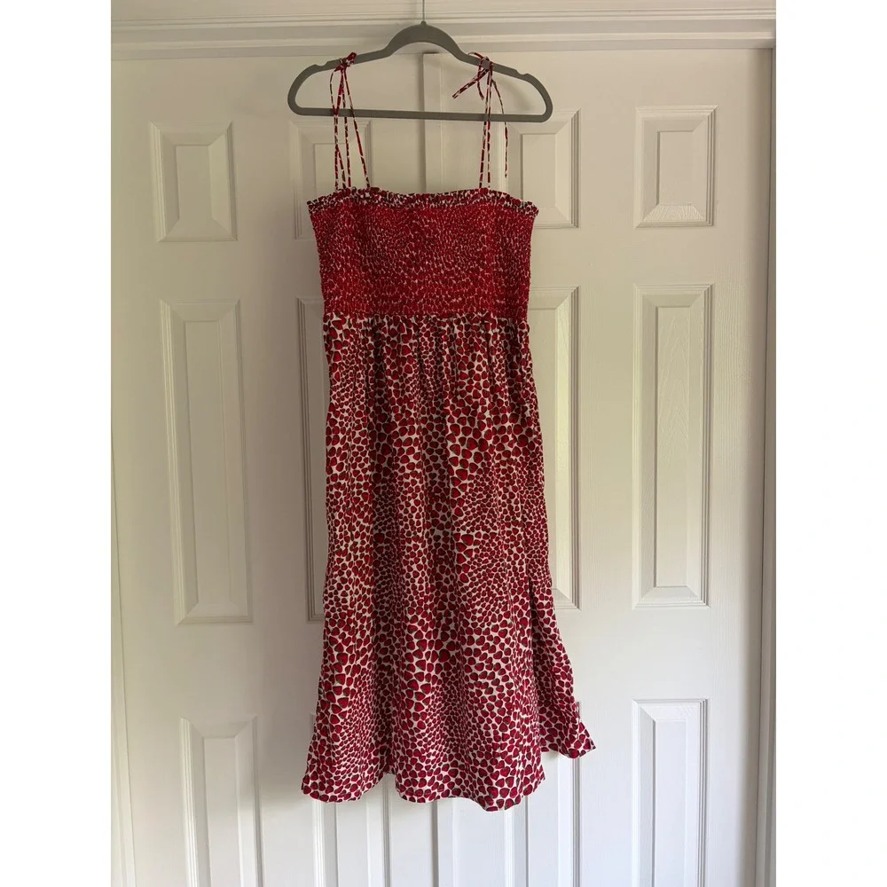 J.Crew Paloma Midi Dress Strawberry Smocked Tie Shoulder 100% Cotton Cottagecore
