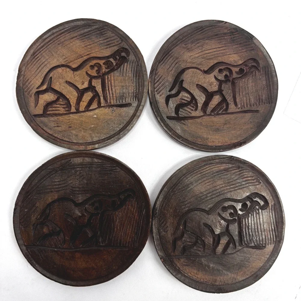 Vintage Hand Carved Wood Elephant Coaster Set of 4 with Matching Holder‎ Rustic