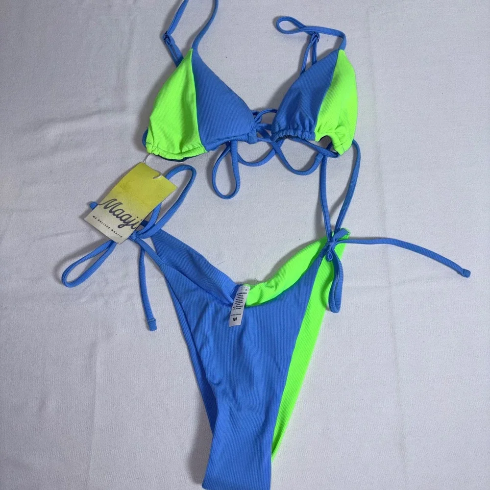 Maaji string tie up Bikini Set Medium Blue Neon Green NEW Ribbed Colorblock
