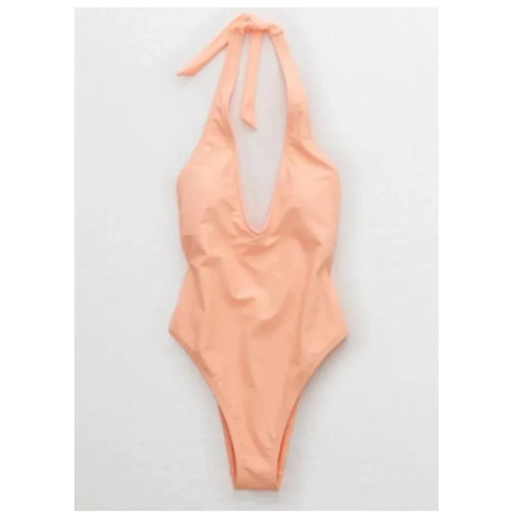 NWT Aerie Halter Deep Plunge One Piece Swimsuit in Sorbet Orange. Size Orange XL