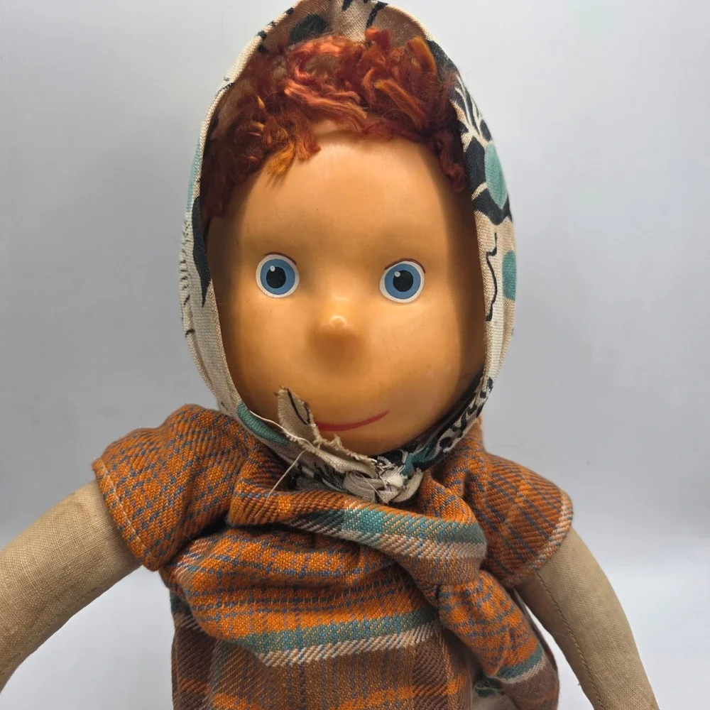 Old Cloth Doll Mask Face Red Yarn Hair Plaid Dress Bonnet Primitive Doll As Is