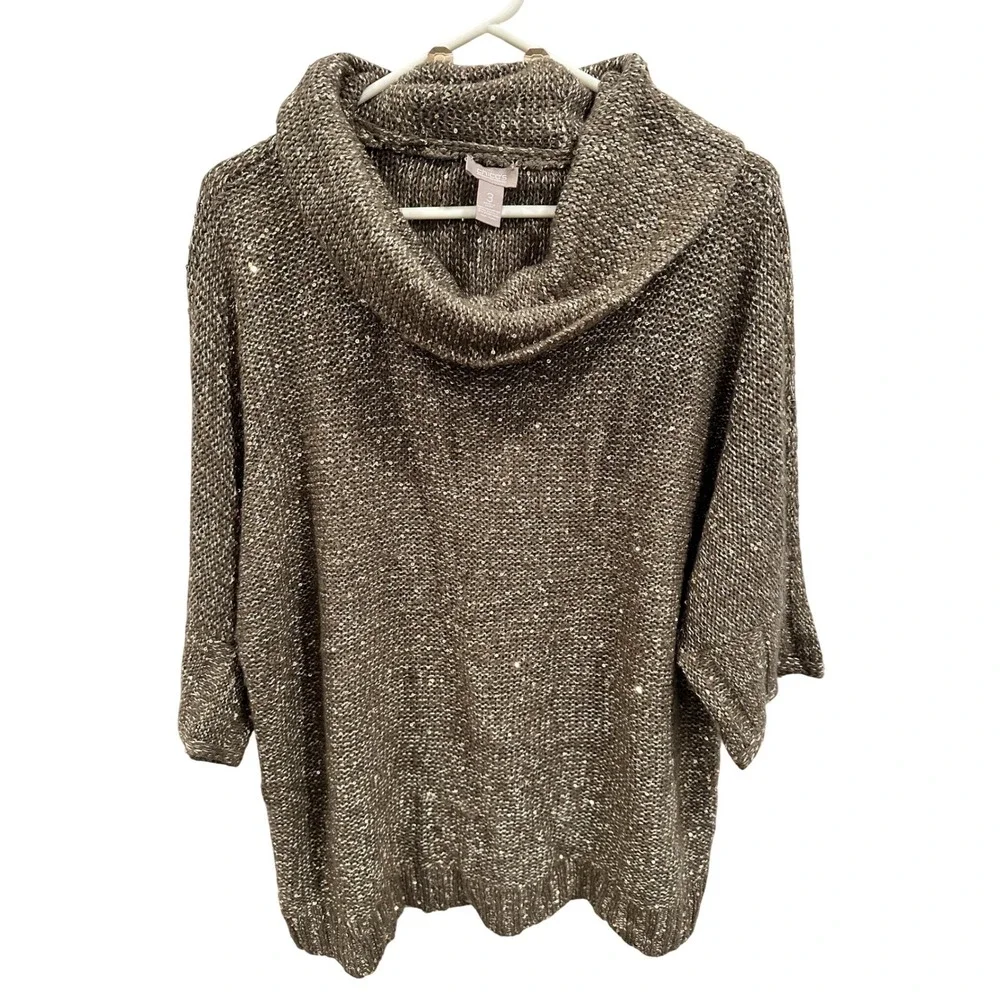 Chico's Cowl Neck Sweater Sparkle Sequins Knit Brown Women Size‎ XL 3