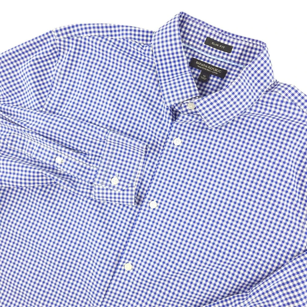 Banana Republic Dress Shirt Mens XL Blue Gingham Slim Fit Non Iron Cotton