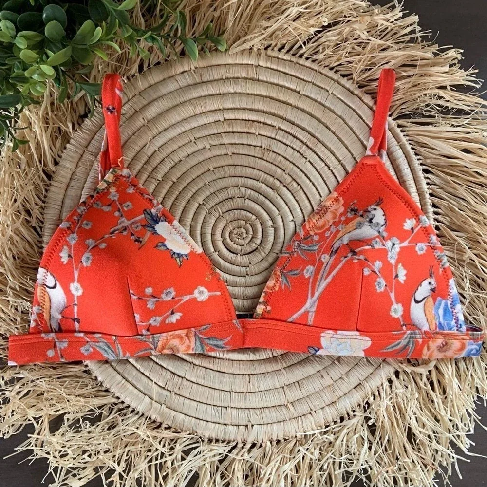 TRIANGL Women's Triangle Bikini Swim Top Orange Parrot Floral Size Small‎