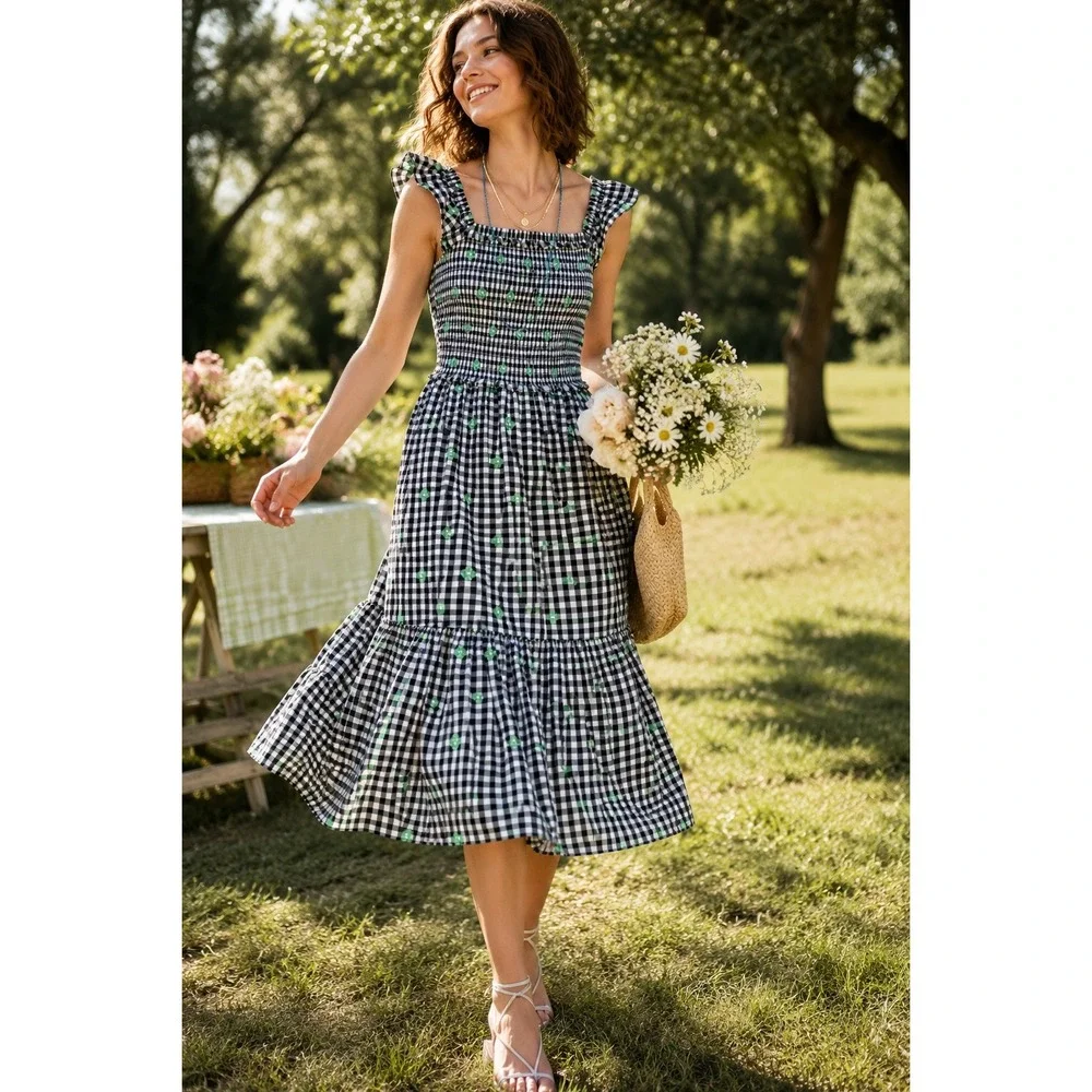 Kate Spade New York Gingham Voile Smocked Dress Black White Green Floral Plaid M
