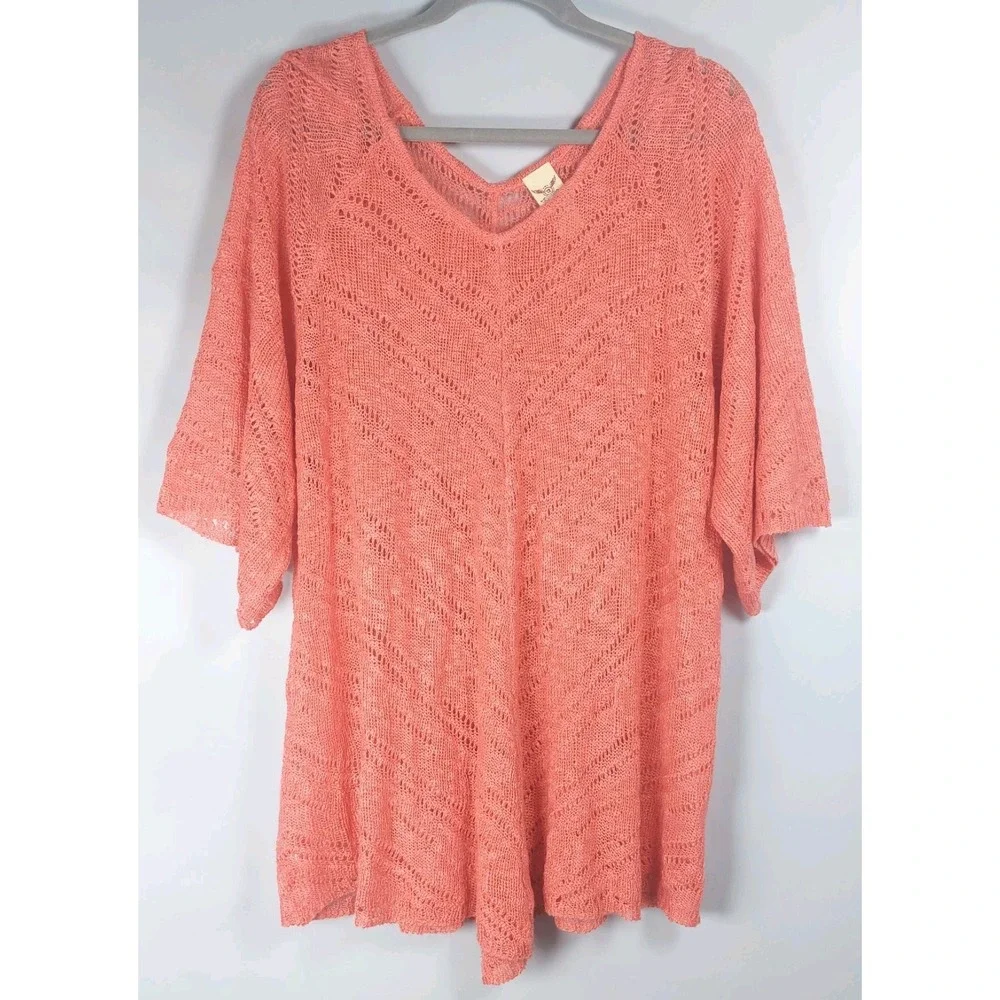 Faded Glory Womens 2X Coral ‎ Tunic Sweater Handkerchief Hem Stretch Sheer