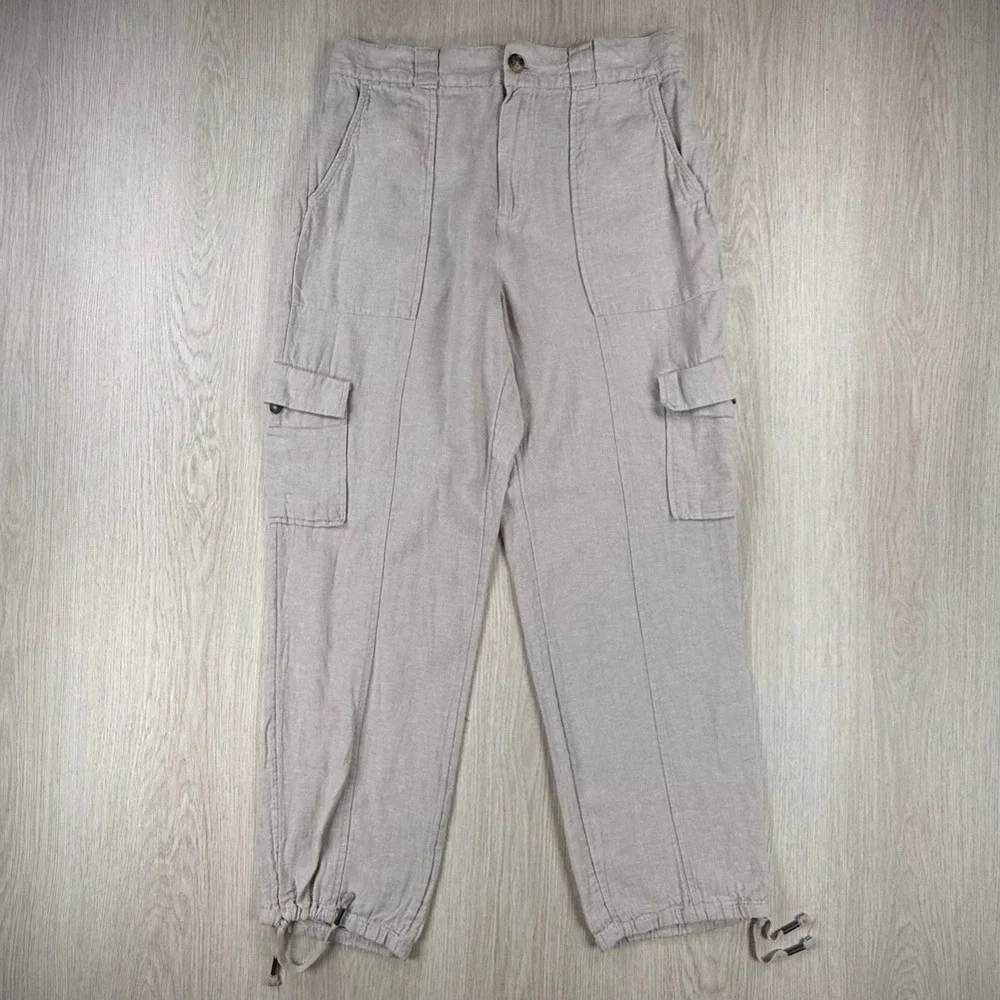 Linen Cargo Pants C&C California Women L Beige Drawstring Coastal Utility Casual
