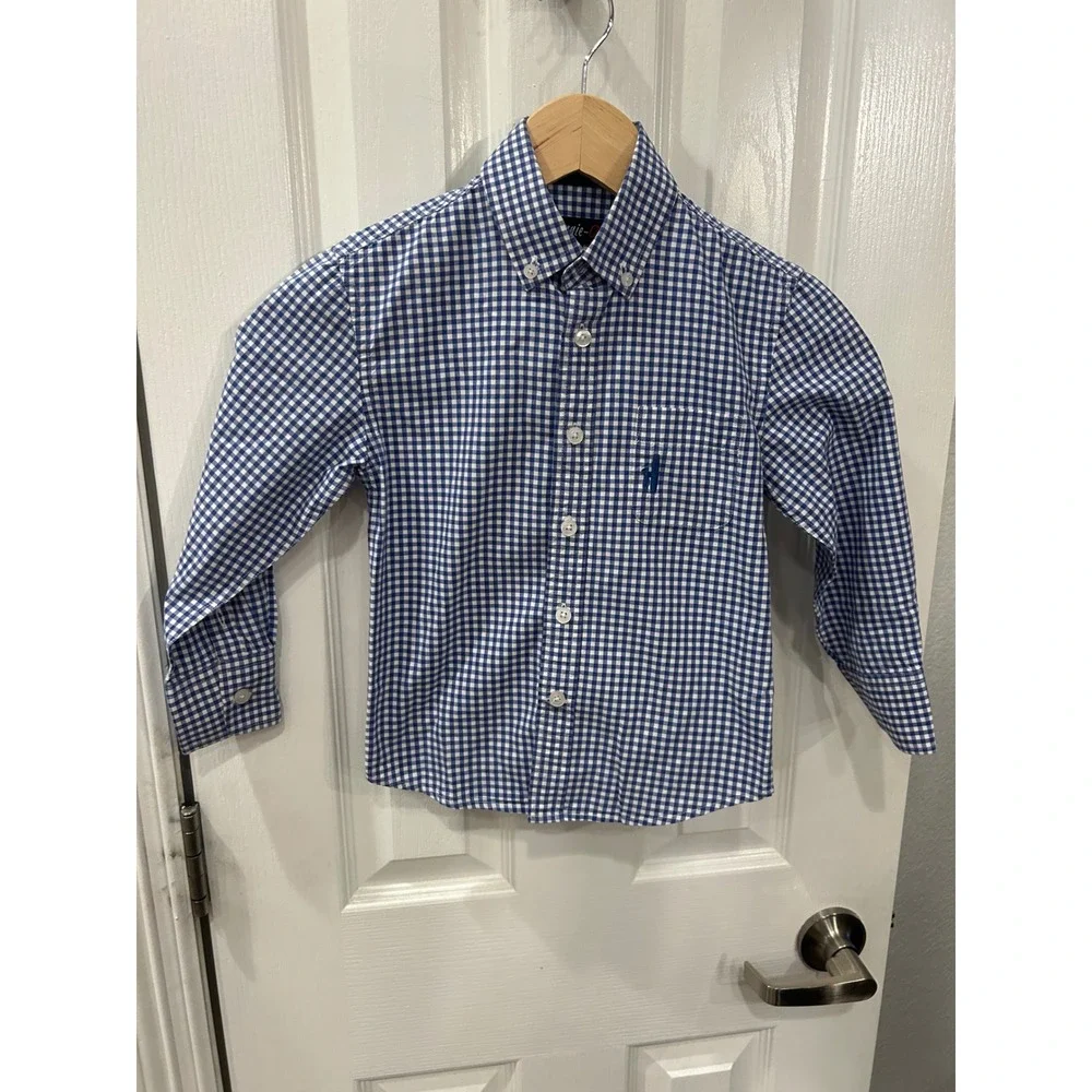 Johnnie-O Boys Blue Gingham Long Sleeve Button‎ Down Shirt Size 4 k7100