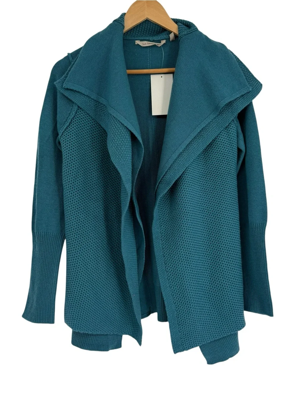 Soft Surroundings NWT Drape Open Front Cardigan Sweater Ruffle Teal Size XS