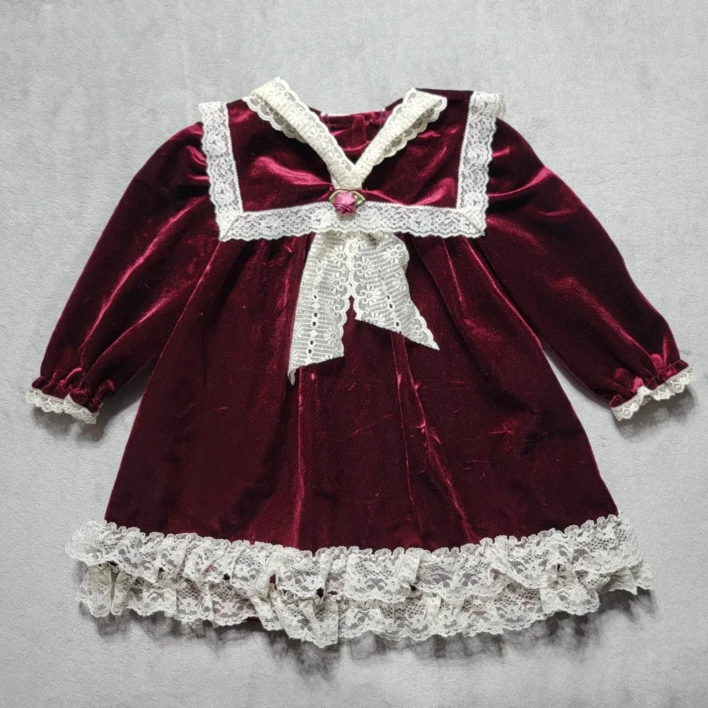 Little Precious‎ Vintage Burgundy Velvet Lace Dress Girls 24M Holiday Christmas