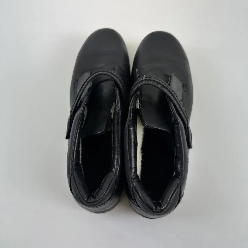 Blondo Black Leather Ankle Boot Adjustable Strap Faux Fur Lined Womens 10‎ Wide