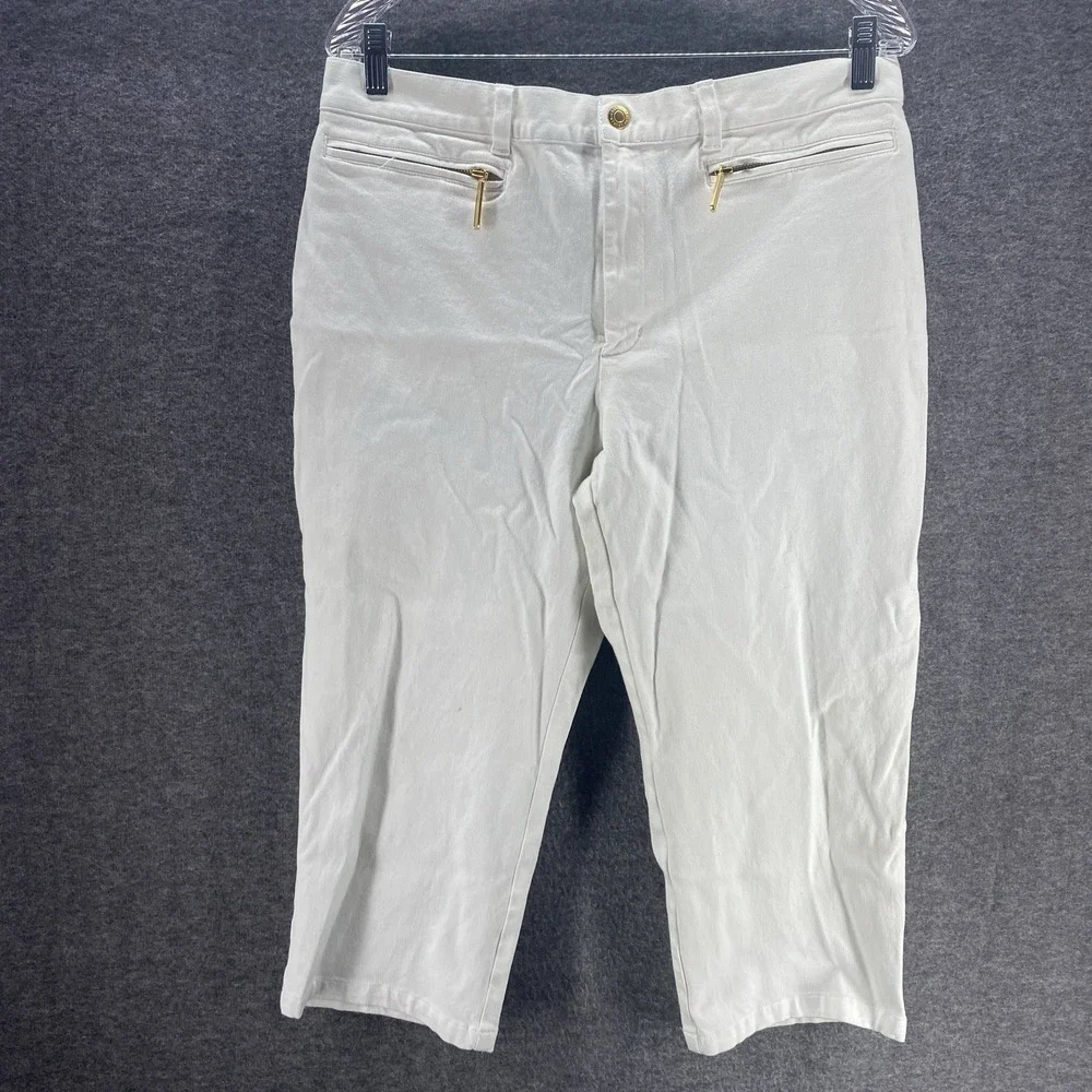 Ralph Lauren Capri Pants Womens 12 White Mid Rise Stretch Hiking Zipper Pockets‎