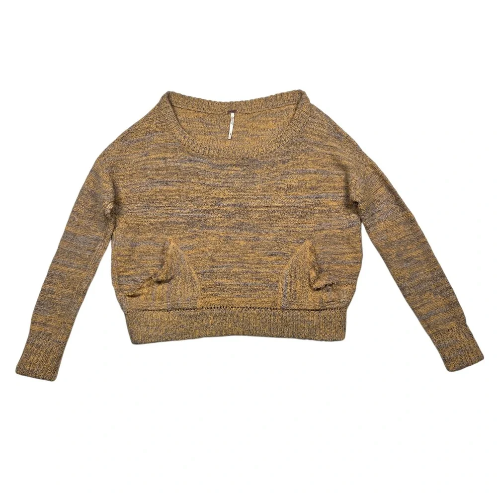 Free People Sweater Womens Small Yellow Marled Knit Cropped Slouchy Pockets Boho