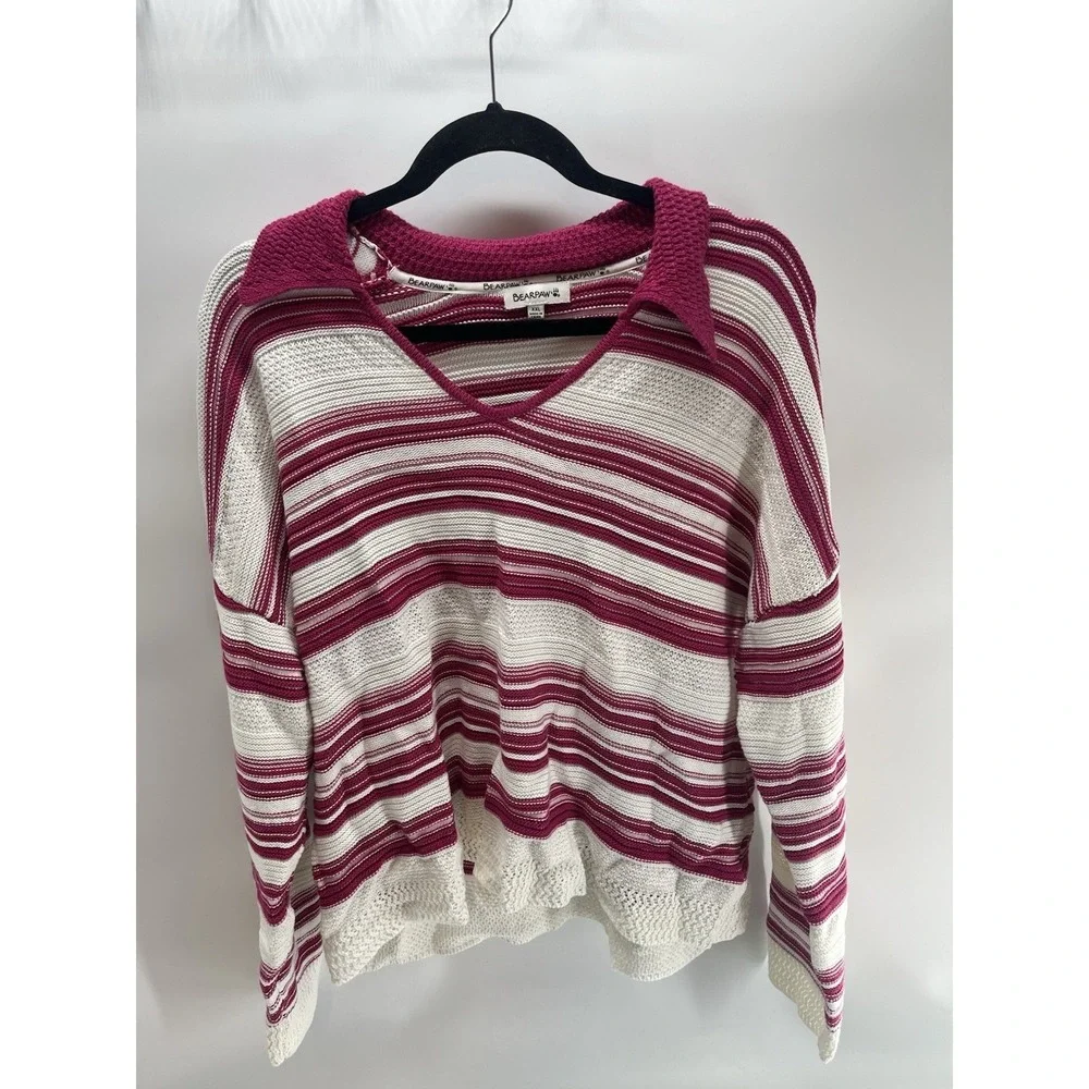 Bearpaw brand Maroon and white striped knit V-neck Sweater‎ XXL