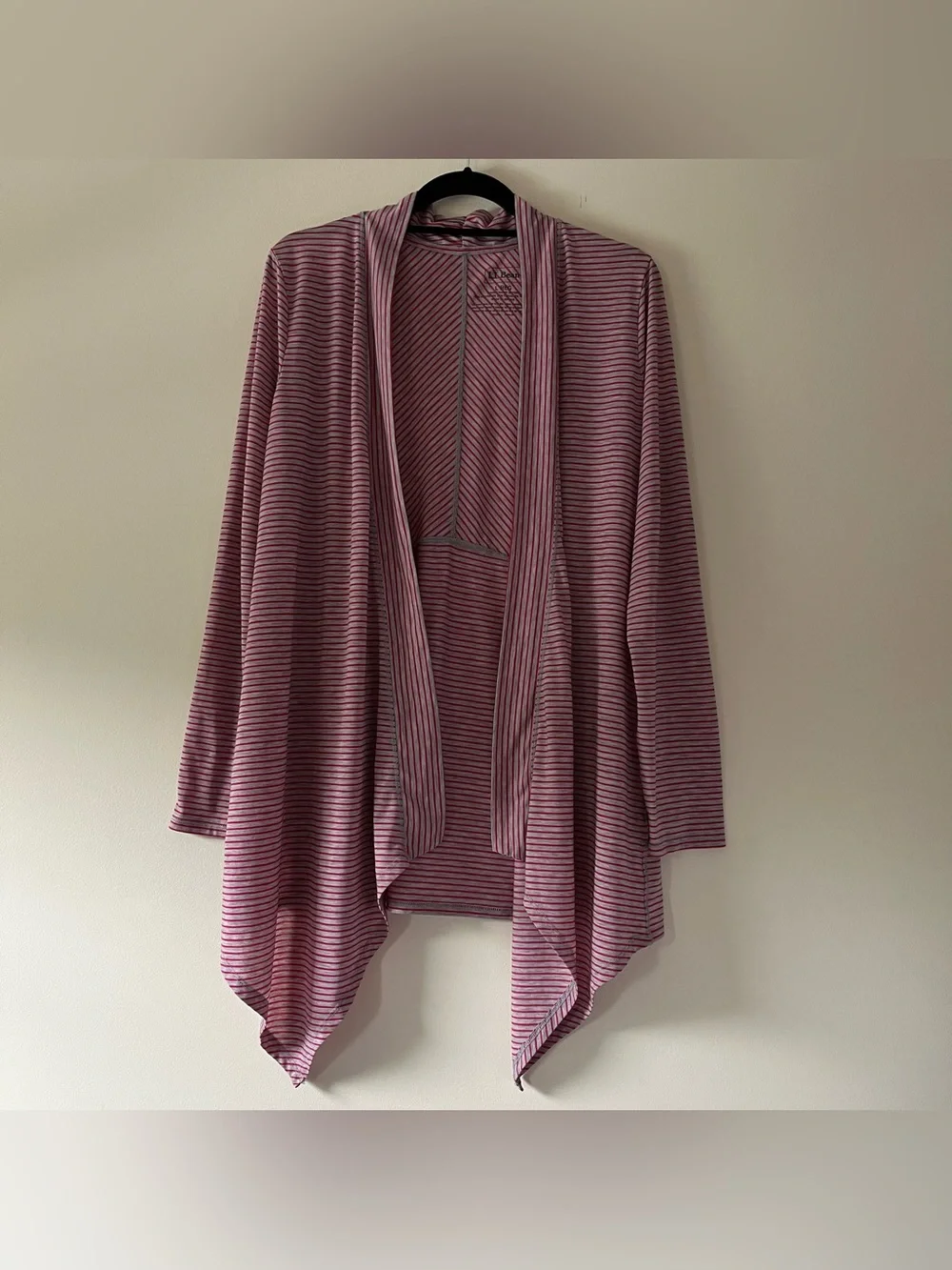 L.L. Bean Red & Gray Striped Open-Front Draped Cardigan