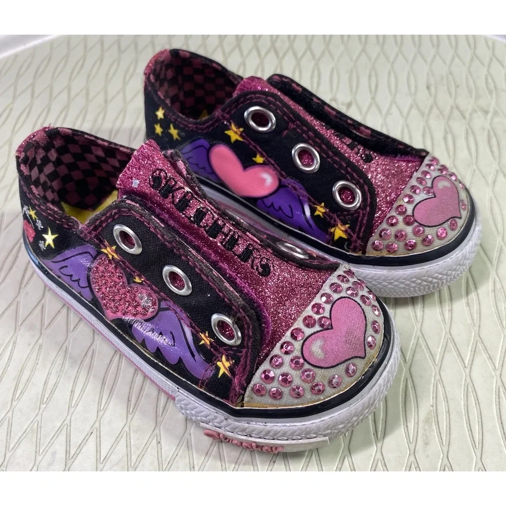 Skechers Little Girls‎ Pink&Purple Hearts&Rhinestone Sneaker Shoes Sz.5